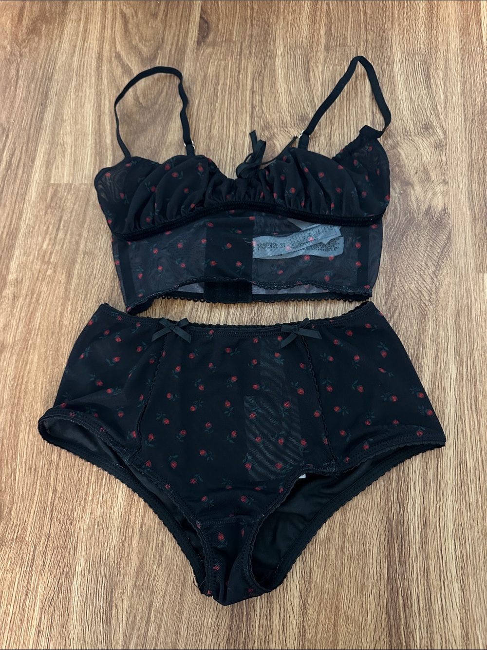 Forever 21 Black Sheer Floral Bralette Set with Red Rose Print
